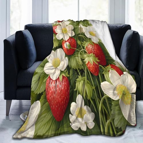Mexpekil Überwurfdecke mit Blumenmotiv, Erdbeer-Fleecedecke, 127 x 101 cm, Anti-Pilling, gemütlicher Flanell-Überwurf für Sofa, Bett, Couch, Picknick, Reisen, maschinenwaschbar von Mexpekil