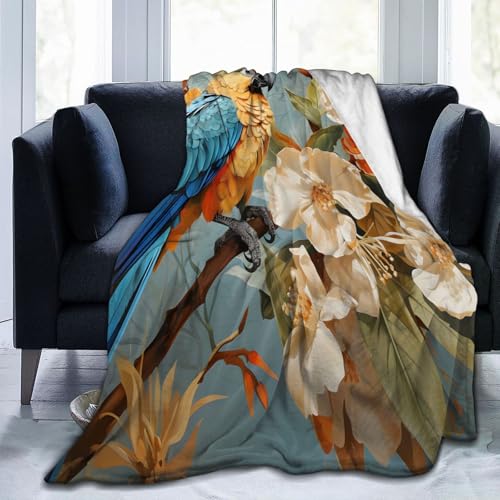 Mexpekil Überwurfdecke mit Papageien-Blumen, Kunst-Fleecedecke, 127 x 101 cm, Anti-Pilling, gemütlicher Flanell-Überwurf für Sofa, Bett, Couch, Picknick, Reisen, maschinenwaschbar von Mexpekil