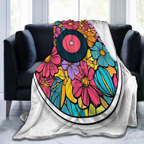 Mexpekil Überwurfdecke mit floralem Vinyl-Schallplatten-Aufkleber, Fleecedecke, 203 x 152 cm, Anti-Pilling, gemütlicher Flanell-Überwurf für Sofa, Bett, Couch, Picknick, Reisen, maschinenwaschbar von Mexpekil
