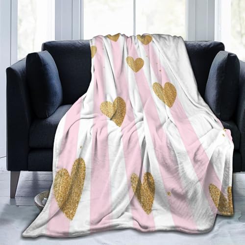 Mexpekil Überwurfdecke mit rosa Streifen und goldfarbenem Herzmuster, Fleece-Decke, 152,4 x 127,7 cm, Anti-Pilling, gemütlicher Flanell-Überwurf für Sofa, Bett, Couch, Picknick, Reisen von Mexpekil
