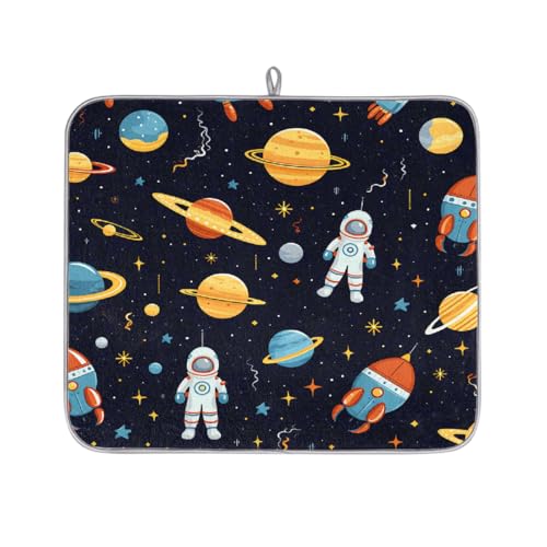 Mexpekil Universe Space Astronaut Planeten Abtropfmatte, saugfähige Abtropfmatte für Küchentheke, rutschfeste Abtropfmatten für Geschirr, Regale, Tassen, Pfannen, 40,6 x 45,7 cm von Mexpekil