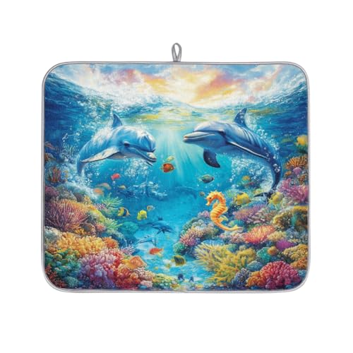 Mexpekil Unterwasser-Delfin-Abtropfmatte, saugfähige Abtropfmatte, Küchentheke, rutschfeste Abtropfmatte für Geschirr, Tassen, Pfannen, 40,6 x 45,7 cm von Mexpekil