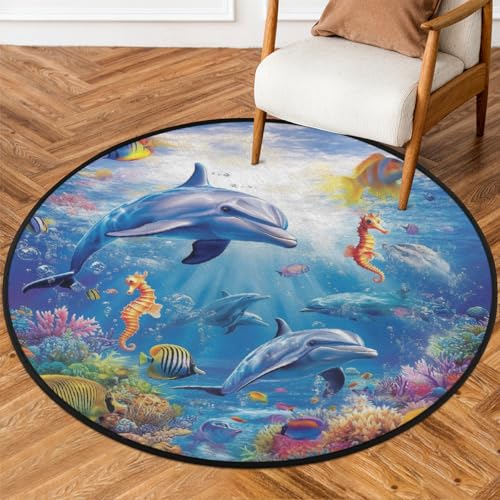Mexpekil Unterwasser-Delfine, Seepferdchen, rund, für Wohnzimmer, waschbare Bodenmatte mit rutschfester Unterseite, 92 cm Durchmesser, runde Fläche, moderne Heimdekoration Mexpekil Unterwasser-Delfine, Seepferdchen, rund, für Wohnzimmer, waschbare Bodenmatte mit rutschfester Unterseite, 92 cm Durchmesser, runde Fläche, moderne Heimdekoration von Mexpekil