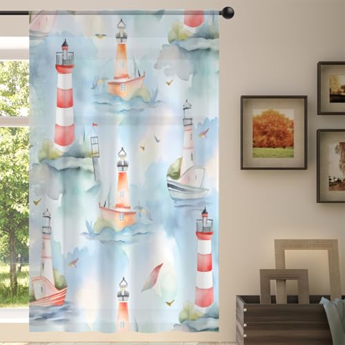 Mexpekil Voile-Vorhänge mit Leuchtturm-Motiv, halbtransparent, für Wohnzimmer, Schlafzimmer, Küche, 140 cm breit, 1 Vorhang von Mexpekil