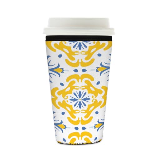 Mexpekil Wiederverwendbare Eiskaffeehülle für heiße und kalte Getränke, isolierte Neopren-Getränkehüllen, passend für 473 - 510 ml, Gelb / Blau von Mexpekil