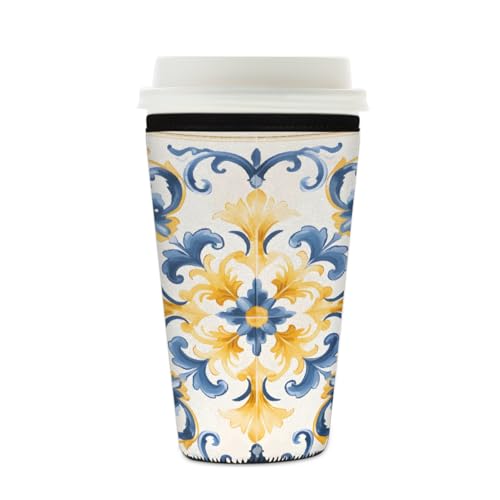 Mexpekil Wiederverwendbare Eiskaffeehülle für heiße und kalte Getränke, isolierte Neopren-Getränkehüllen, passend für 473 - 510 ml, Gelb / Blau von Mexpekil