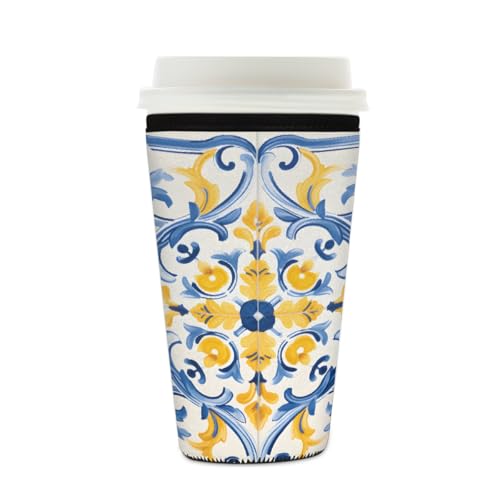 Mexpekil Wiederverwendbare Eiskaffeehülle für heiße und kalte Getränke, isolierte Neopren-Getränkehüllen, passend für 473 - 510 ml, Gelb / Blau von Mexpekil