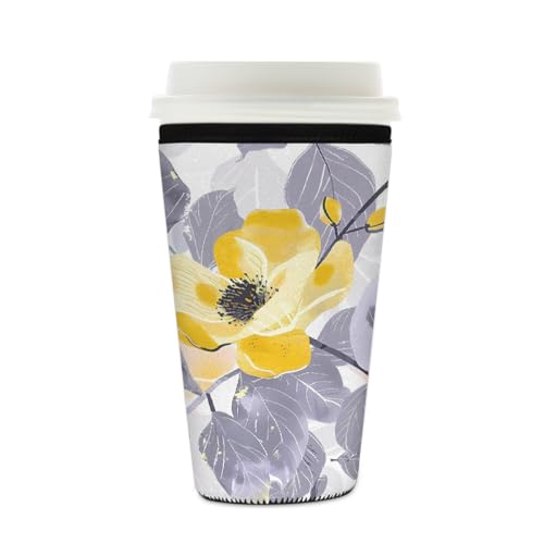 Mexpekil Wiederverwendbare Eiskaffeehülle für heiße und kalte Getränke, isolierte Neopren-Getränkehüllen, passend für 473 - 510 ml, Gelb / Grau von Mexpekil