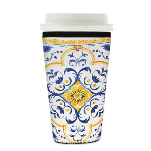 Mexpekil Wiederverwendbare Eiskaffeehülle für heiße und kalte Getränke, isolierte Neopren-Getränkehüllen, passend für 625 - 680 ml, Gelb / Blau von Mexpekil