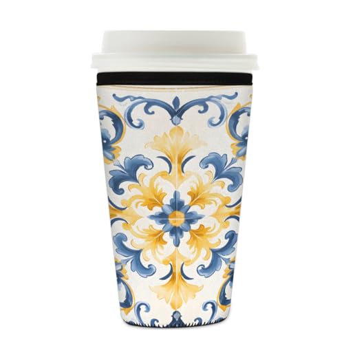 Mexpekil Wiederverwendbare Eiskaffeehülle für heiße und kalte Getränke, isolierte Neopren-Getränkehüllen, passend für 625 - 680 ml, Gelb / Blau von Mexpekil