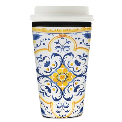 Mexpekil Wiederverwendbare Eiskaffeehülle für heiße und kalte Getränke, isolierte Neopren-Getränkehüllen, passend für 740 - 800 ml, Gelb / Blau von Mexpekil