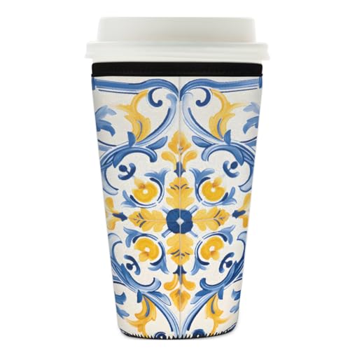 Mexpekil Wiederverwendbare Eiskaffeehülle für heiße und kalte Getränke, isolierte Neopren-Getränkehüllen, passend für 740 - 800 ml, Gelb / Blau von Mexpekil
