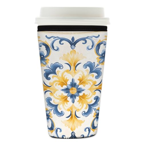 Mexpekil Wiederverwendbare Eiskaffeehülle für heiße und kalte Getränke, isolierte Neopren-Getränkehüllen, passend für 740 - 800 ml, Gelb / Blau von Mexpekil