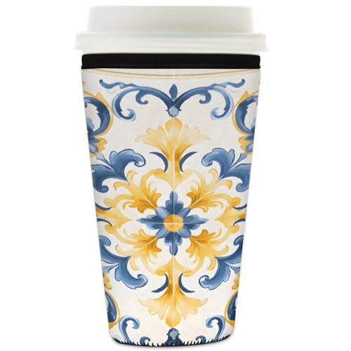 Mexpekil Wiederverwendbare Eiskaffeehülle für heiße und kalte Getränke, isolierte Neopren-Getränkehüllen, passend für 900 ml, Gelb / Blau von Mexpekil