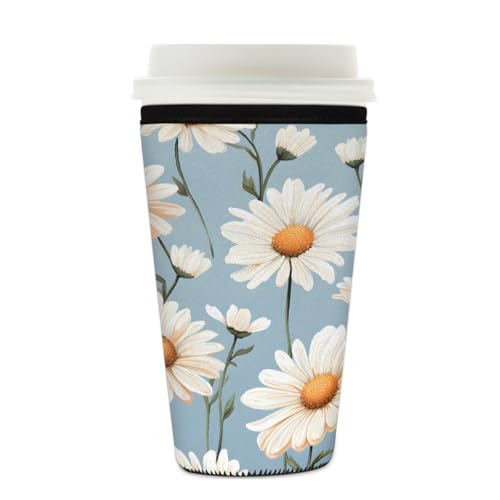 Mexpekil Wiederverwendbare Eiskaffeehülle mit Gänseblümchen-Blumenmuster, für heiße und kalte Getränke, isolierte Neopren-Getränkehüllen, passend für 625 - 680 ml von Mexpekil