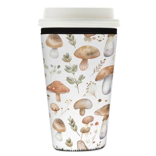 Mexpekil Wiederverwendbare Eiskaffeehülle mit Pilzblättern, nahtloses Muster, für heiße und kalte Getränke, isolierte Neopren-Getränkehüllen, passend für 740 - 800 ml von Mexpekil