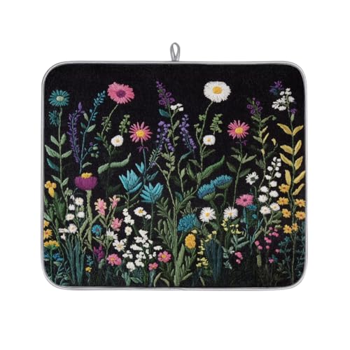 Mexpekil Wildblumen-Abtropfmatte, saugfähige Abtropfmatte, Küchentheke, rutschfeste Abtropfmatten für Geschirr, Tassen, Pfannen, 40,6 x 45,7 cm von Mexpekil