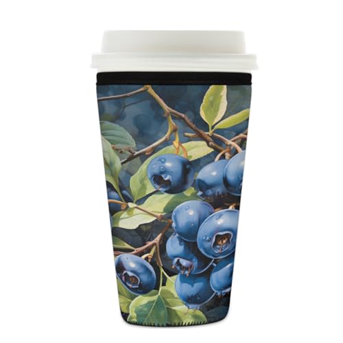 Wiederverwendbare Eiskaffeetassen-Hülle, Blaubeerblätter, Isolator, Neopren, Kaffeehülle für kalte Getränke, Obst, Getränke, Halter, passend für 625 - 680 ml Tassen von Mexpekil