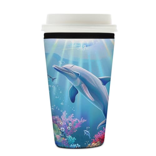 Wiederverwendbare Eiskaffeetassen-Hülle, Cartoon-Delfin-Isolator, Neopren-Kaffeehülle für kalte Getränke, Ozean, Delfin, Fisch, Getränkehalter, passend für 625 - 680 ml Tassen Wiederverwendbare Eiskaffeetassen-Hülle, Cartoon-Delfin-Isolator, Neopren-Kaffeehülle für kalte Getränke, Ozean, Delfin, Fisch, Getränkehalter, passend für 625 - 680 ml Tassen von Mexpekil