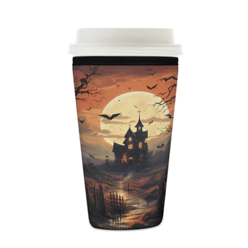 Wiederverwendbare Eiskaffeetassen-Hülle, Halloween, Fledermaus-Schloss, Isolator, Neopren-Kaffeehülle für kalte Getränke, Mond, Bäume, Getränkehalter, passend für 473 - 510 ml Tassen Wiederverwendbare Eiskaffeetassen-Hülle, Halloween, Fledermaus-Schloss, Isolator, Neopren-Kaffeehülle für kalte Getränke, Mond, Bäume, Getränkehalter, passend für 473 - 510 ml Tassen von Mexpekil