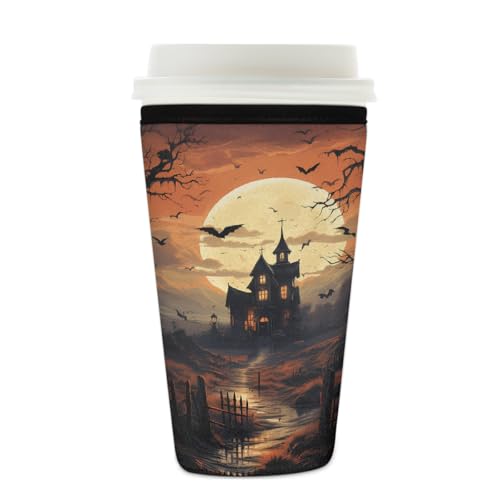 Wiederverwendbare Eiskaffeetassen-Hülle, Halloween, Fledermaus-Schloss, Isolator, Neopren-Kaffeehülle für kalte Getränke, Mond, Bäume, Getränkehalter, passend für 625 - 680 ml Tassen Wiederverwendbare Eiskaffeetassen-Hülle, Halloween, Fledermaus-Schloss, Isolator, Neopren-Kaffeehülle für kalte Getränke, Mond, Bäume, Getränkehalter, passend für 625 - 680 ml Tassen von Mexpekil