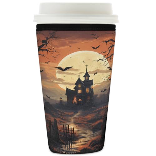 Wiederverwendbare Eiskaffeetassen-Hülle, Halloween, Fledermaus-Schloss, Isolator, Neopren-Kaffeehülle für kalte Getränke, Mond, Bäume, Getränkehalter, passend für 907 ml Tassen von Mexpekil