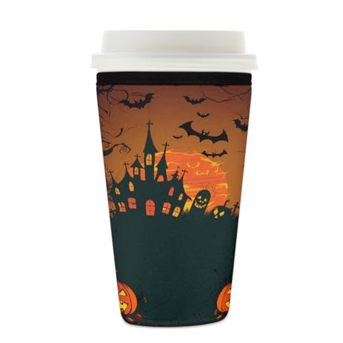 Wiederverwendbare Eiskaffeetassen-Hülle, Halloween, Kürbis, Mond, Schloss, Isolator, Neopren, Kaffeehülle für kalte Getränke, Halter, passend für 625 - 680 ml Tassen von Mexpekil