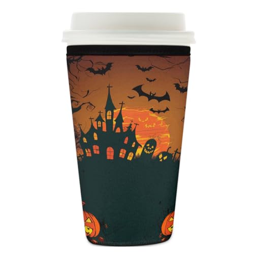 Wiederverwendbare Eiskaffeetassen-Hülle, Halloween, Kürbis, Mond, Schloss, Isolator, Neopren, Kaffeehülle für kalte Getränke, Halter, passend für 740 - 800 ml Tassen von Mexpekil