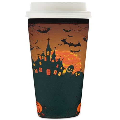 Wiederverwendbare Eiskaffeetassen-Hülle, Halloween, Kürbis, Mond, Schloss, Isolator, Neopren, Kaffeehülle für kalte Getränke, Halter, passend für 907 ml Tassen von Mexpekil
