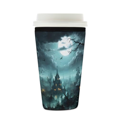 Wiederverwendbare Eiskaffeetassen-Hülle, Halloween, Schloss, Baum, Mond, Isolator, Neopren, Kaffeehülle für kalte Getränke, Halter, passend für 473 - 510 ml Tassen Wiederverwendbare Eiskaffeetassen-Hülle, Halloween, Schloss, Baum, Mond, Isolator, Neopren, Kaffeehülle für kalte Getränke, Halter, passend für 473 - 510 ml Tassen von Mexpekil