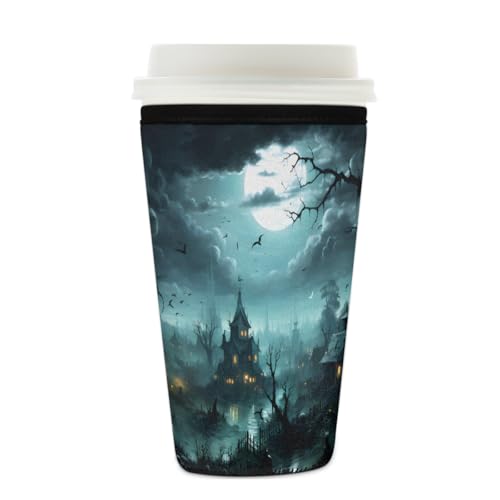 Wiederverwendbare Eiskaffeetassen-Hülle, Halloween, Schloss, Baum, Mond, Isolator, Neopren, Kaffeehülle für kalte Getränke, Halter, passend für 625 - 680 ml Tassen Wiederverwendbare Eiskaffeetassen-Hülle, Halloween, Schloss, Baum, Mond, Isolator, Neopren, Kaffeehülle für kalte Getränke, Halter, passend für 625 - 680 ml Tassen von Mexpekil