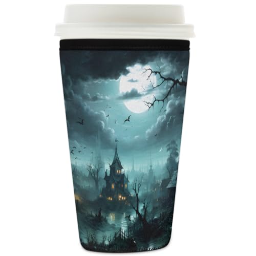 Wiederverwendbare Eiskaffeetassen-Hülle, Halloween, Schloss, Baum, Mond, Isolator, Neopren, Kaffeehülle für kalte Getränke, Halter, passend für 907 ml Tassen von Mexpekil