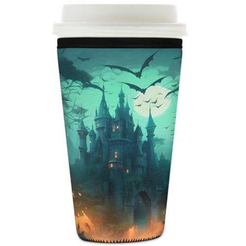 Wiederverwendbare Eiskaffeetassen-Hülle, Halloween, Schloss, Fledermaus, Wald, Isolator, Neopren, Kaffeehülle für kalte Getränke, Halter, passend für 907 ml Tassen von Mexpekil