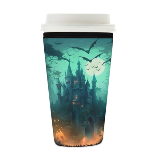 Wiederverwendbare Eiskaffeetassen-Hülle, Halloween, Schloss, Fledermaus, Wald, Isolator, Neopren-Kaffeehülle für kalte Getränke, Halter, passend für 625 - 680 ml Tassen Wiederverwendbare Eiskaffeetassen-Hülle, Halloween, Schloss, Fledermaus, Wald, Isolator, Neopren-Kaffeehülle für kalte Getränke, Halter, passend für 625 - 680 ml Tassen von Mexpekil