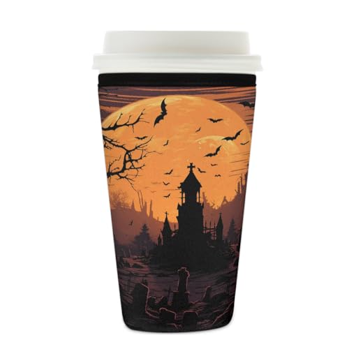 Wiederverwendbare Eiskaffeetassen-Hülle, Halloween, Schloss, Isolator, Neopren, Kaffeehülle für kalte Getränke, Mond, Baum, Fledermaus, Getränkehalter, passend für 625 - 680 ml Tassen von Mexpekil