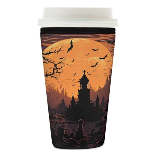 Wiederverwendbare Eiskaffeetassen-Hülle, Halloween, Schloss, Isolator, Neopren, Kaffeehülle für kalte Getränke, Mond, Baum, Fledermaus, Getränkehalter, passend für 740 - 800 ml Tassen Wiederverwendbare Eiskaffeetassen-Hülle, Halloween, Schloss, Isolator, Neopren, Kaffeehülle für kalte Getränke, Mond, Baum, Fledermaus, Getränkehalter, passend für 740 - 800 ml Tassen von Mexpekil