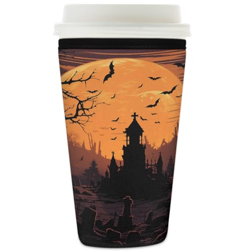 Wiederverwendbare Eiskaffeetassen-Hülle, Halloween, Schloss, Isolator, Neopren, Kaffeehülle für kalte Getränke, Mond, Baum, Fledermaus, Getränkehalter, passend für 907 ml Tassen von Mexpekil