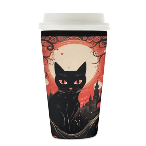 Wiederverwendbare Eiskaffeetassen-Hülle, Halloween-Katzen-Isolator, Neopren-Kaffeehülle für kalte Getränke, Mond, Bäume, Schloss, Getränkehalter, passend für 625 - 680 ml Tassen von Mexpekil