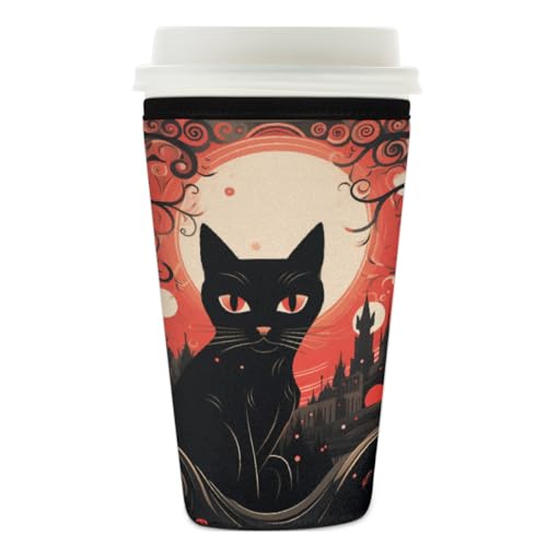 Wiederverwendbare Eiskaffeetassen-Hülle, Halloween-Katzen-Isolator, Neopren-Kaffeehülle für kalte Getränke, Mond, Bäume, Schloss, Getränkehalter, passend für 740 - 800 ml Tassen von Mexpekil