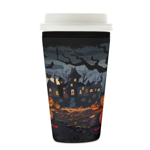 Wiederverwendbare Eiskaffeetassen-Hülle, Kürbis, Fledermausbaum, Isolator, Neopren, Kaffeehülle für kalte Getränke, Halloween, Schloss, Getränkehalter, passend für 625 - 680 ml Tassen Wiederverwendbare Eiskaffeetassen-Hülle, Kürbis, Fledermausbaum, Isolator, Neopren, Kaffeehülle für kalte Getränke, Halloween, Schloss, Getränkehalter, passend für 625 - 680 ml Tassen von Mexpekil