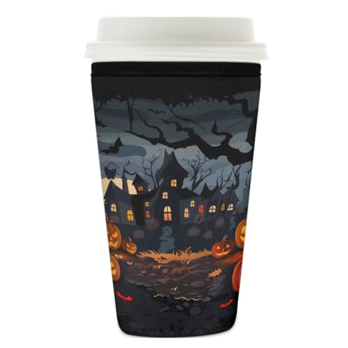 Wiederverwendbare Eiskaffeetassen-Hülle, Kürbis, Fledermausbaum, Isolator, Neopren, Kaffeehülle für kalte Getränke, Halloween, Schloss, Getränkehalter, passend für 740 - 800 ml Tassen von Mexpekil
