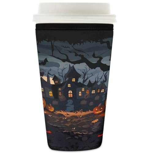 Wiederverwendbare Eiskaffeetassen-Hülle, Kürbis, Fledermausbaum, Isolator, Neopren, Kaffeehülle für kalte Getränke, Halloween, Schloss, Getränkehalter, passend für 907 ml Tassen von Mexpekil