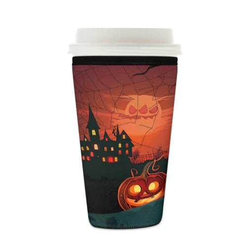 Wiederverwendbare Eiskaffeetassen-Hülle, Spinnennetz, Schloss, Isolator, Neopren, Kaffeehülle für kalte Getränke, Halloween, Fledermaus, Kürbis, Getränkehalter, passend für 473 - 510 ml Tassen Wiederverwendbare Eiskaffeetassen-Hülle, Spinnennetz, Schloss, Isolator, Neopren, Kaffeehülle für kalte Getränke, Halloween, Fledermaus, Kürbis, Getränkehalter, passend für 473 - 510 ml Tassen von Mexpekil