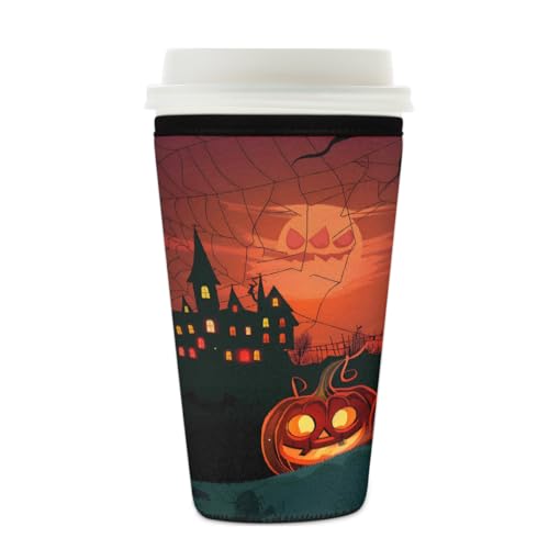 Wiederverwendbare Eiskaffeetassen-Hülle, Spinnennetz, Schloss, Isolator, Neopren, Kaffeehülle für kalte Getränke, Halloween, Fledermaus, Kürbis, Getränkehalter, passend für 625 - 680 ml Tassen Wiederverwendbare Eiskaffeetassen-Hülle, Spinnennetz, Schloss, Isolator, Neopren, Kaffeehülle für kalte Getränke, Halloween, Fledermaus, Kürbis, Getränkehalter, passend für 625 - 680 ml Tassen von Mexpekil