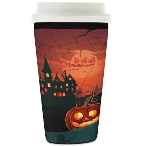 Wiederverwendbare Eiskaffeetassen-Hülle, Spinnennetz-Schloss, Isolator, Neopren, Kaffeehülle für kalte Getränke, Halloween, Fledermaus, Kürbis, Getränkehalter, passend für 900 ml Tassen von Mexpekil