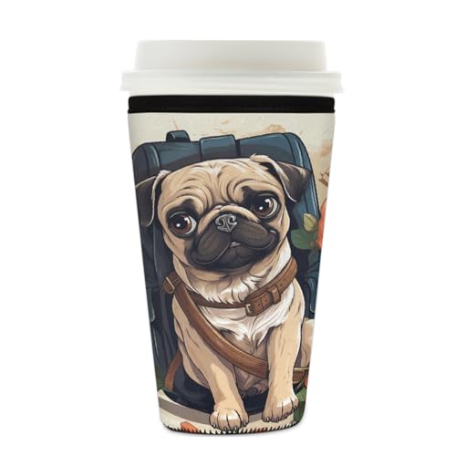 Wiederverwendbare Eiskaffeetassen-Hülle, lustig, niedlicher Mops-Isolator, Neopren, Kaffeehülle für kalte Getränke, Hund, Tier, Getränkehalter, passend für 625 - 680 ml Tassen von Mexpekil