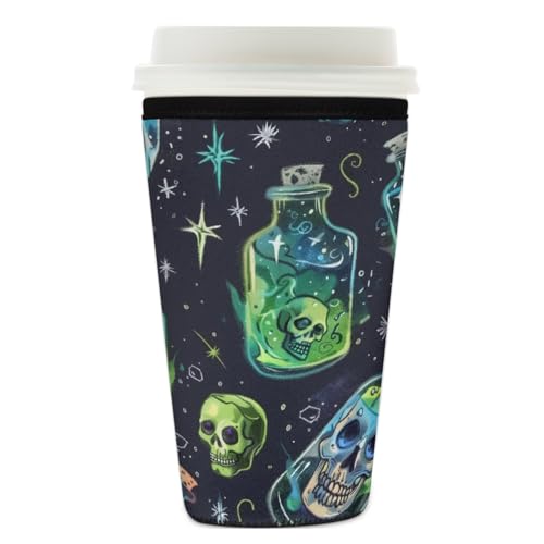 Wiederverwendbare Eiskaffeetassen-Hülle, lustiger Totenkopf-Isolator, Neopren-Kaffeehülle für kalte Getränke, abstrakter Totenkopf-Flaschenhalter, passend für 740 - 800 ml Tassen von Mexpekil