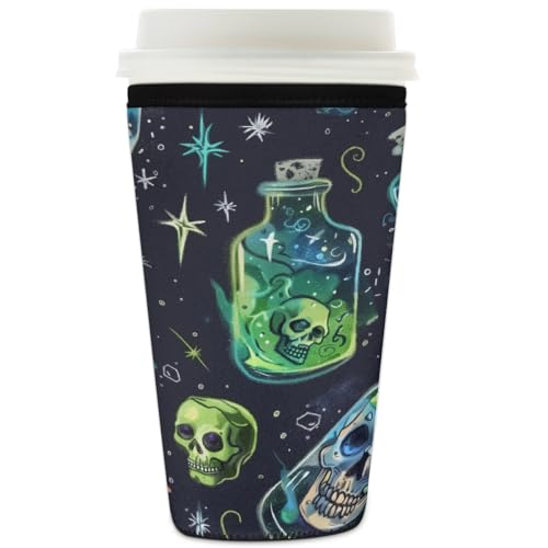 Wiederverwendbare Eiskaffeetassen-Hülle, lustiger Totenkopf-Isolator, Neopren-Kaffeehülle für kalte Getränke, abstrakter Totenkopf-Flaschenhalter, passend für 907 ml Tassen von Mexpekil