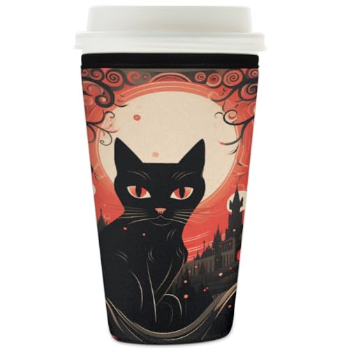Wiederverwendbare Eiskaffeetassen-Hülle für Halloween, Katze, Isolator, Neopren, für kalte Getränke, Mond, Bäume, Schloss, Getränkehalter, passend für 907 ml Tassen Wiederverwendbare Eiskaffeetassen-Hülle für Halloween, Katze, Isolator, Neopren, für kalte Getränke, Mond, Bäume, Schloss, Getränkehalter, passend für 907 ml Tassen von Mexpekil