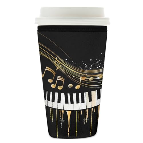 Wiederverwendbare Eiskaffeetassen-Hülle mit Musikthema, Isolator, Neopren, für kalte Getränke, Klaviertastatur, Musiknoten, Getränkehalter, passend für 740 - 800 ml Tassen von Mexpekil